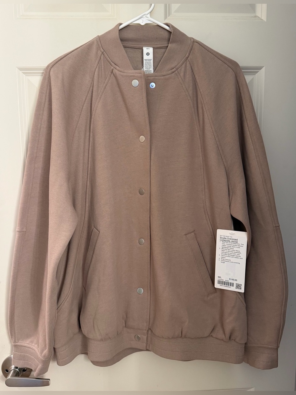 NWT Lululemon Scuba Oversized Collegiate Jacket in “Sheer Oak”, Size M/L